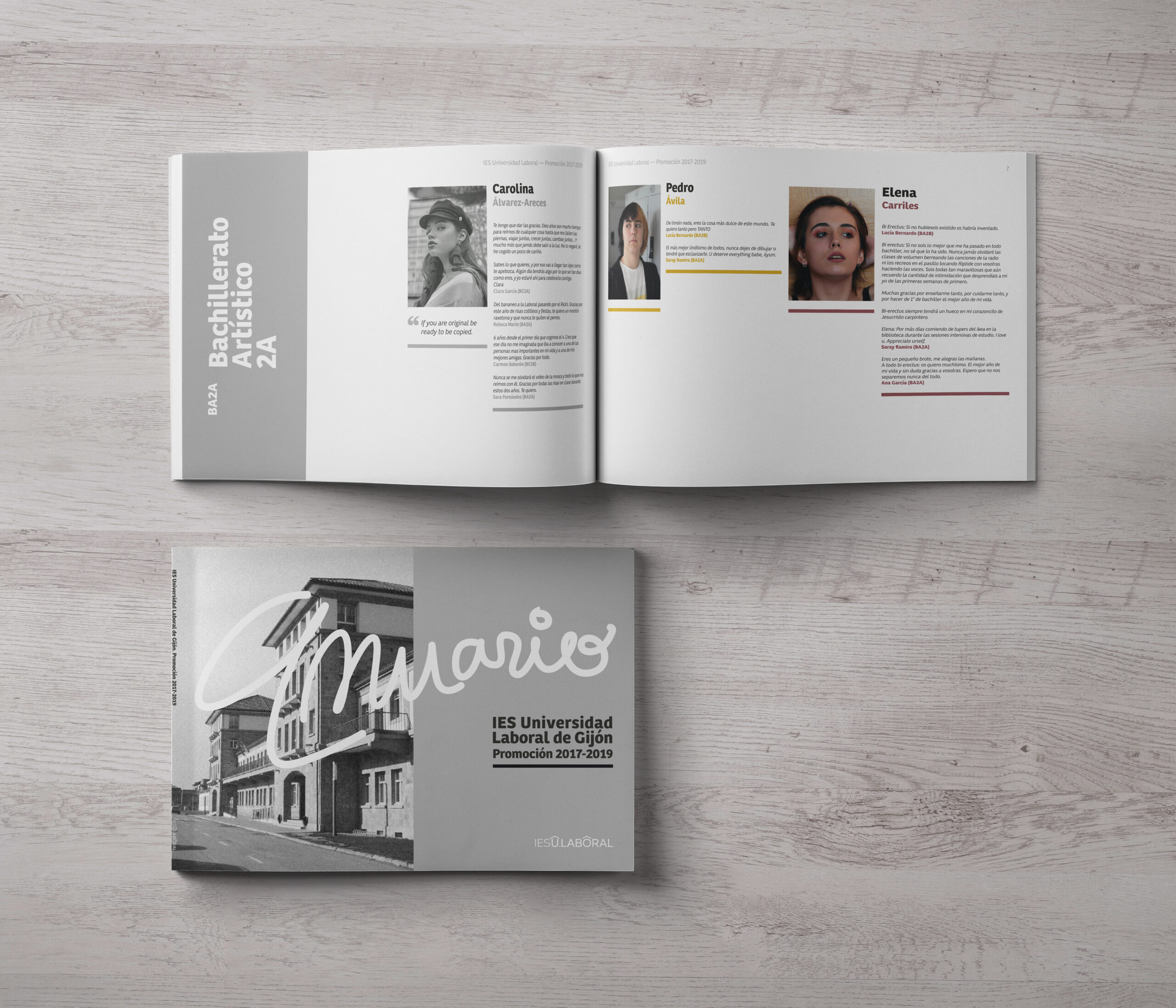 Portada y página con mensajes del alumnado. Anuario IES Universidad Laboral de Gijón. Promoción 2017-2019.