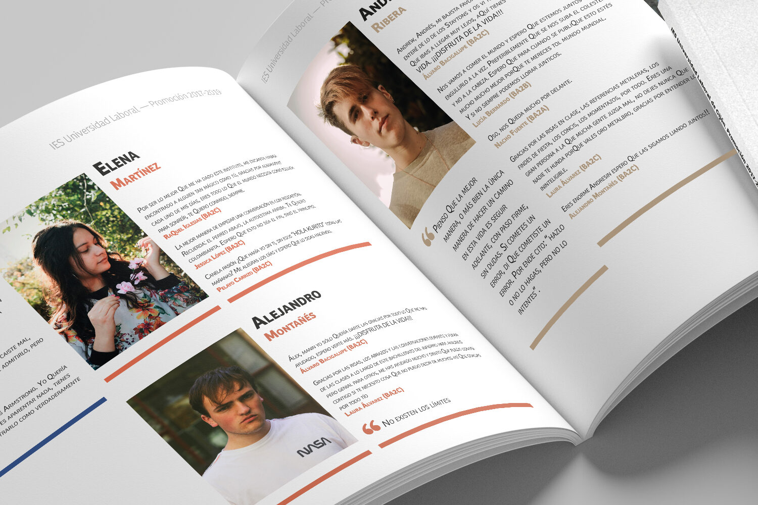 Diseño editorial y maquetación. Portada y página con mensajes del alumnado. Anuario IES Universidad Laboral de Gijón. Promoción 2017-2019.