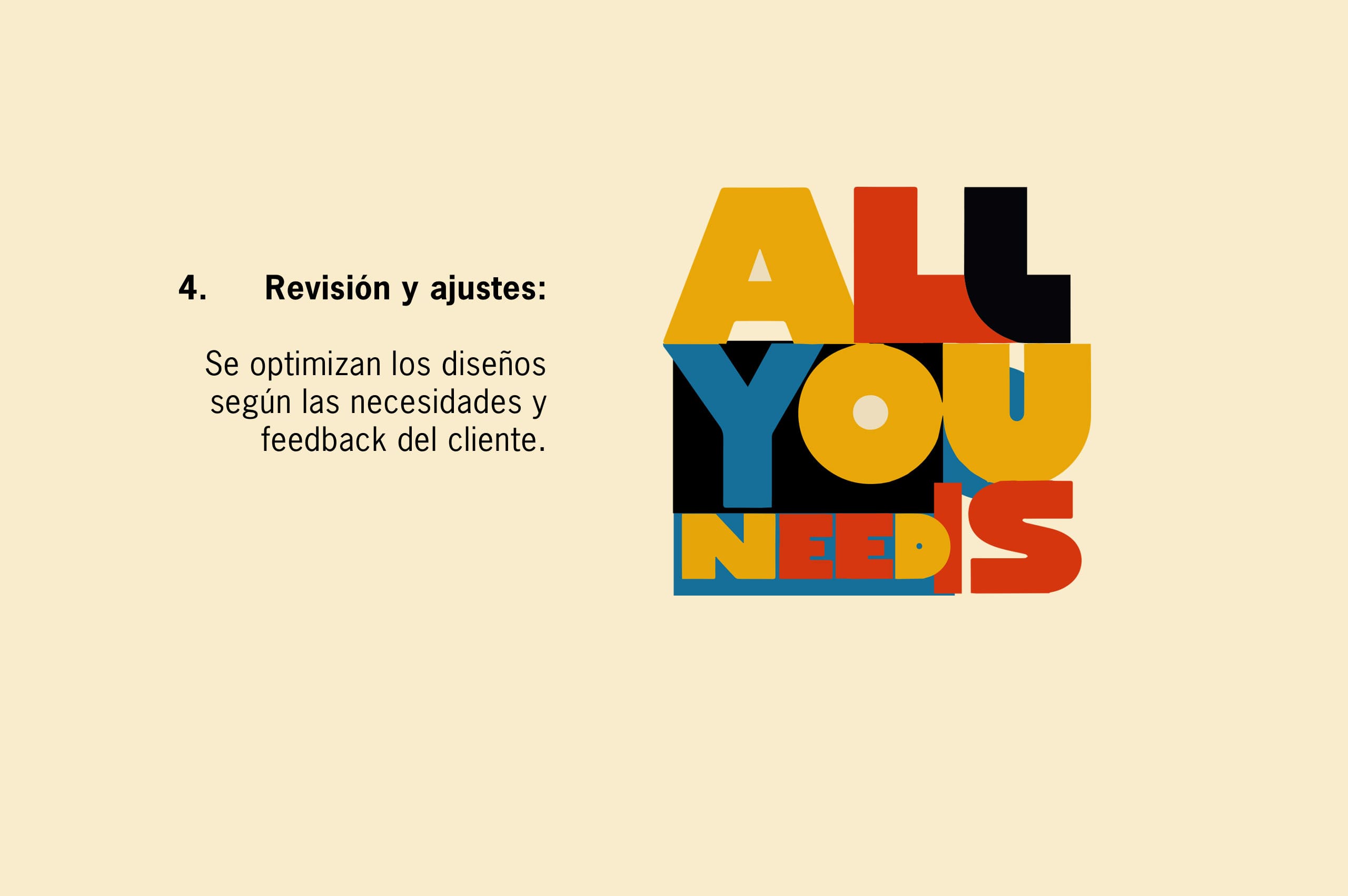 Diapositiva sobre la fase de revisión y ajustes en diseño gráfico, explicando la optimización de propuestas según las necesidades del cliente, utilizada por De Otra Forma en Gijón.