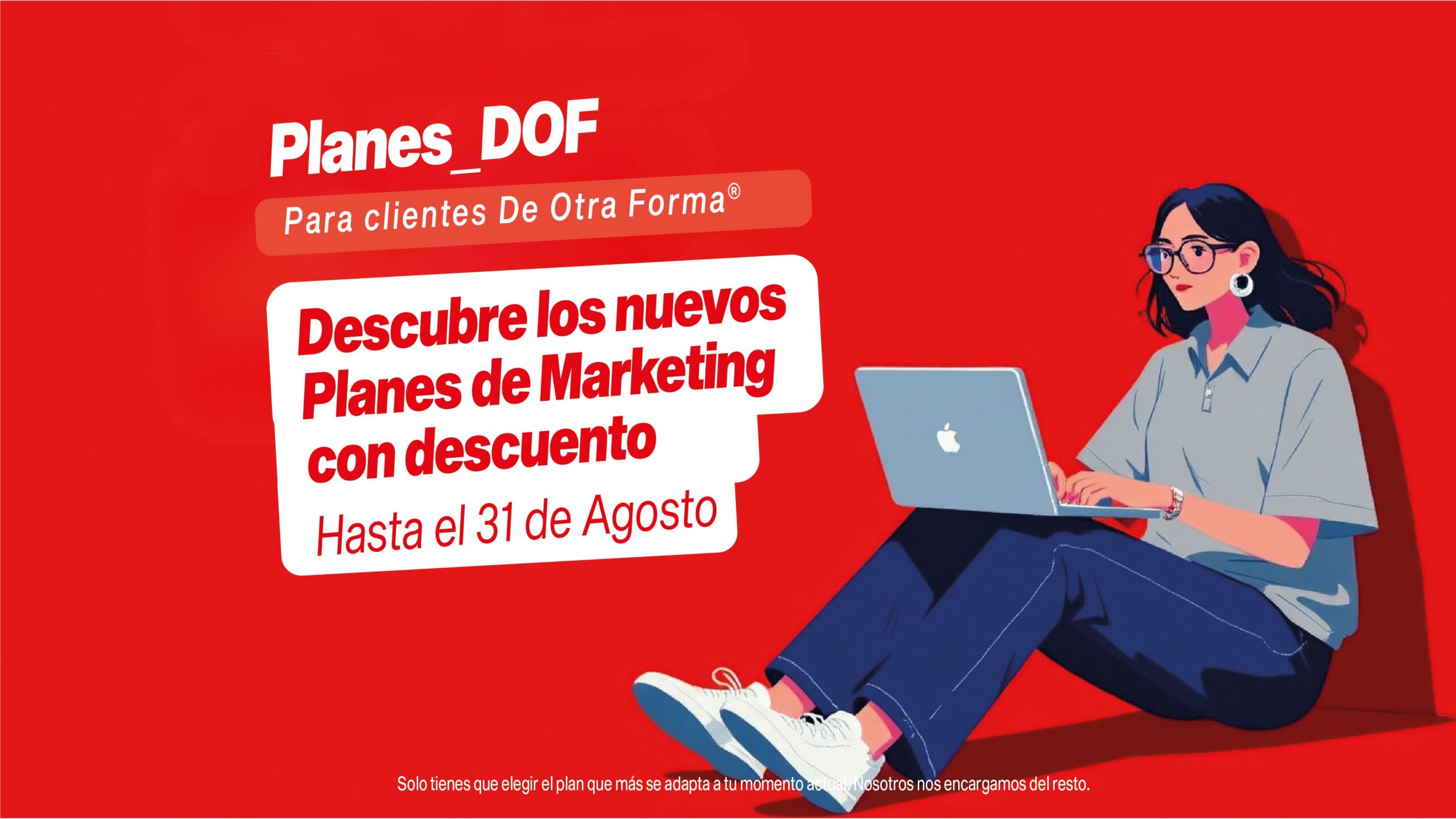 Promoción de los nuevos planes de marketing de De Otra Forma con descuento, ilustración de una persona trabajando con un portátil sobre fondo rojo.