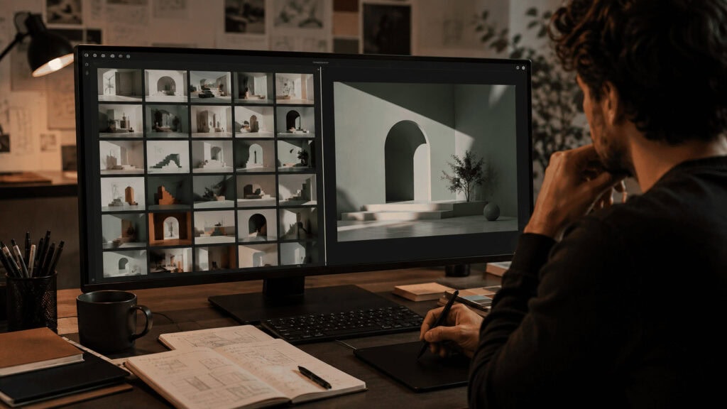 Persona editando fotos en un monitor con varias imágenes y un espacio de diseño.