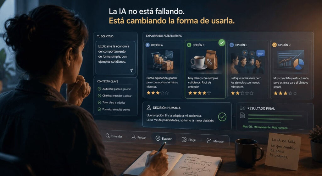 Persona analizando diferentes propuestas generadas con inteligencia artificial antes de tomar una decisión.