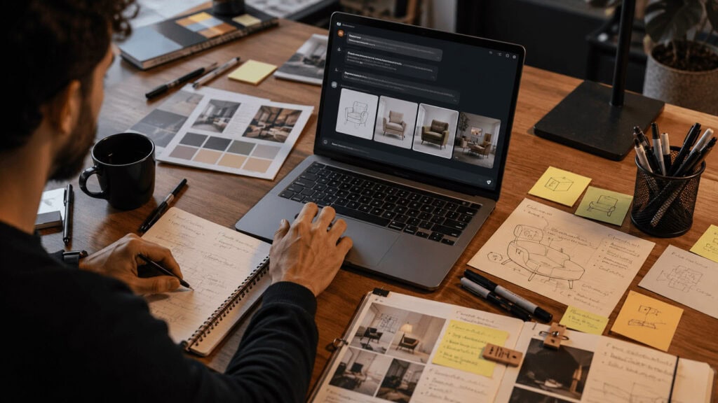 Profesional utilizando inteligencia artificial junto a bocetos y referencias durante un proceso creativo.