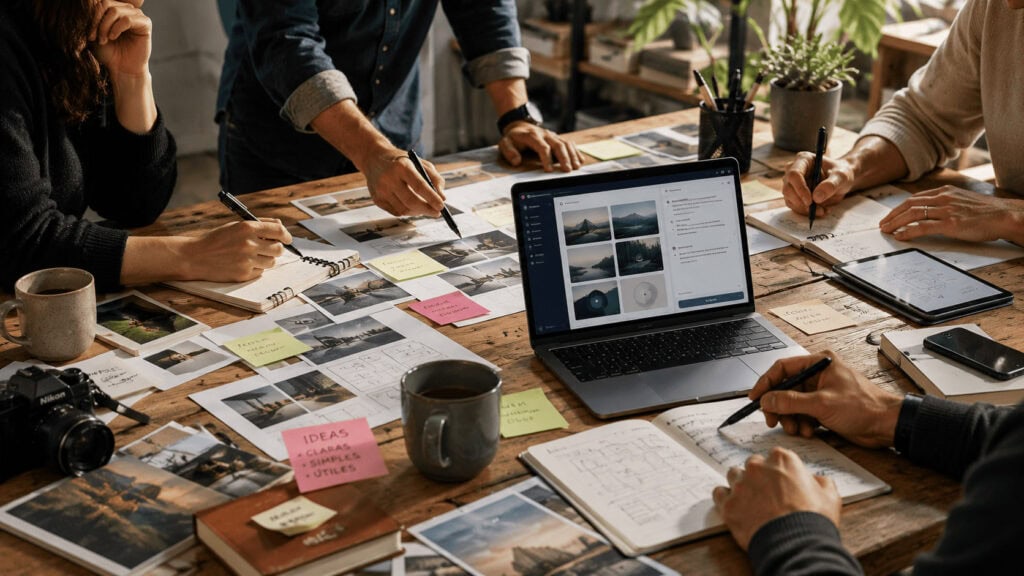 Equipo creativo trabajando con inteligencia artificial integrada como una herramienta más del proceso.