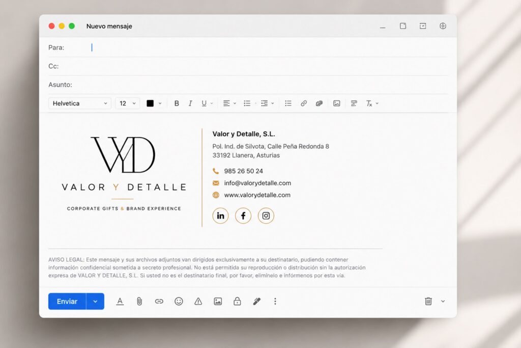 Firma de correo corporativa de Valor y Detalle con la nueva identidad de marca