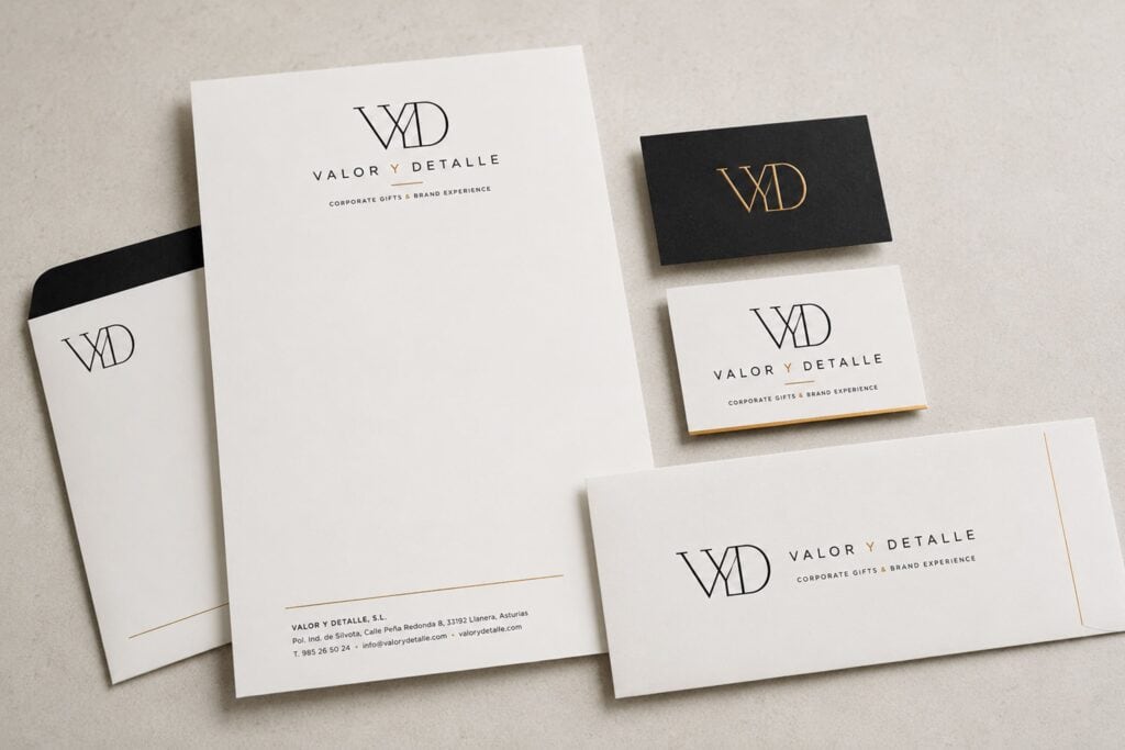 Papelería corporativa de Valor y Detalle tras el rediseño de marca