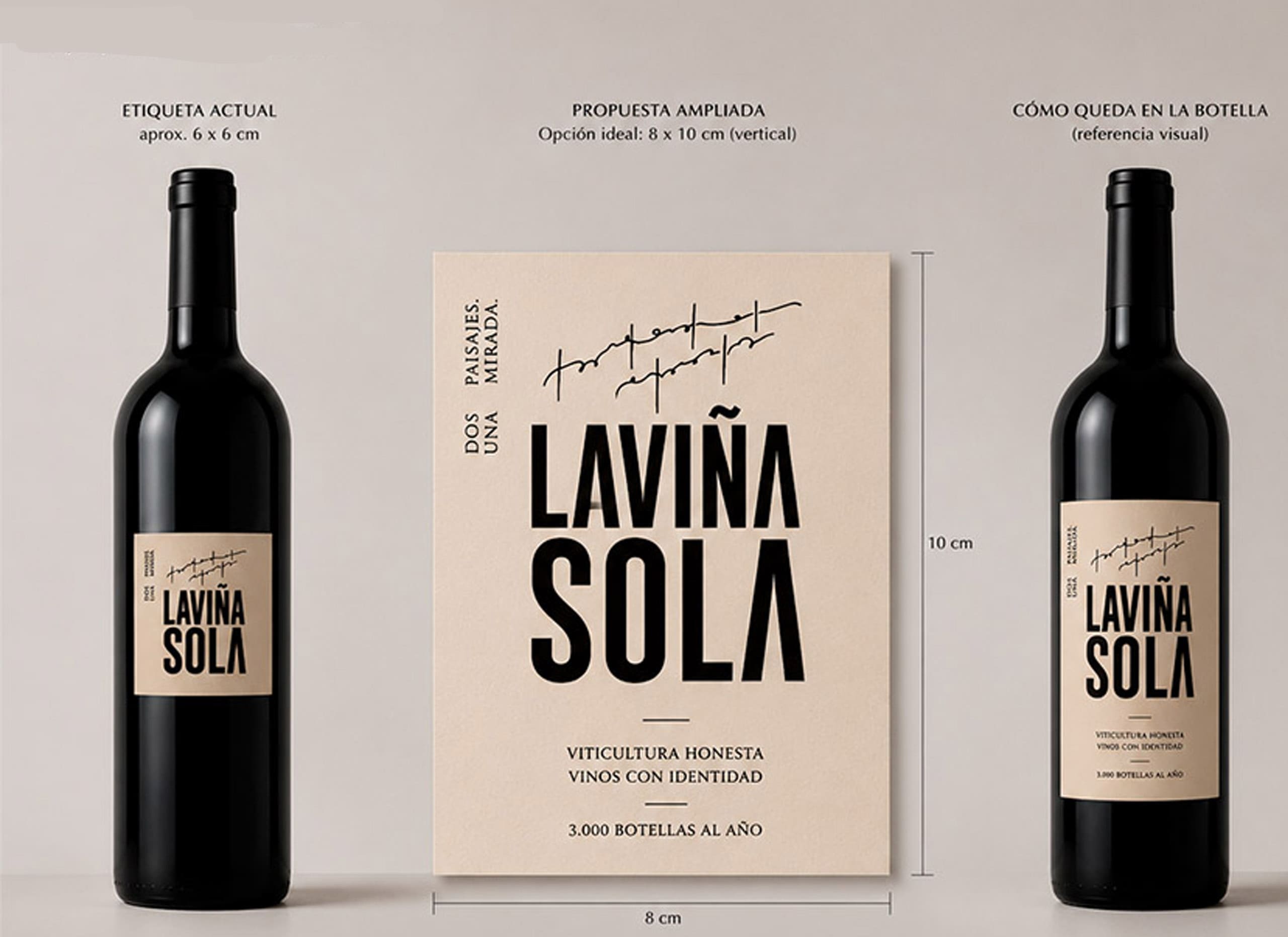Propuesta de rediseño de etiqueta para el vino La Viña Sola, comparando el formato actual y su aplicación en botella.