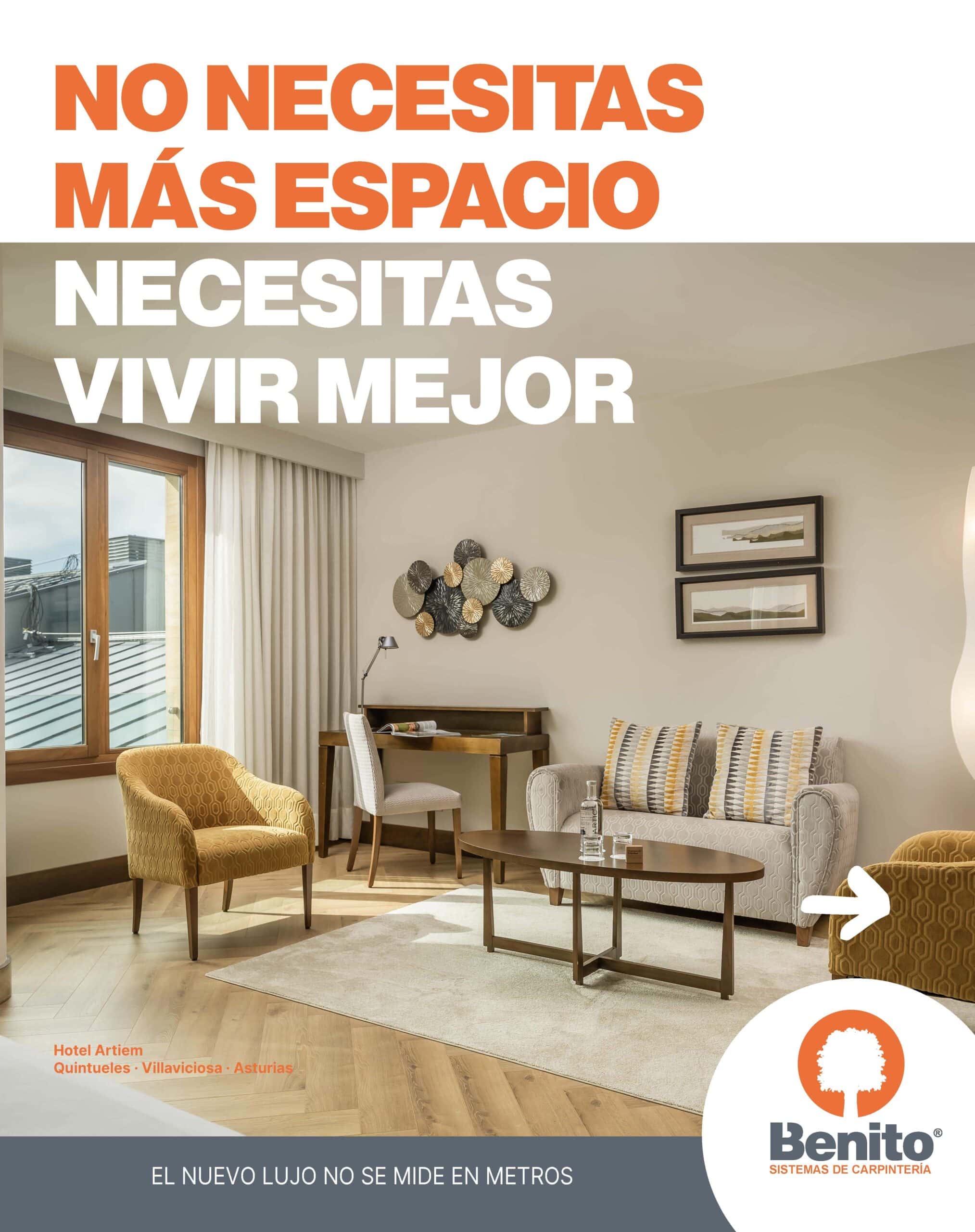 Publicación para redes sociales de Benito Sistemas sobre amplitud y confort en el Hotel Artiem de Villaviciosa