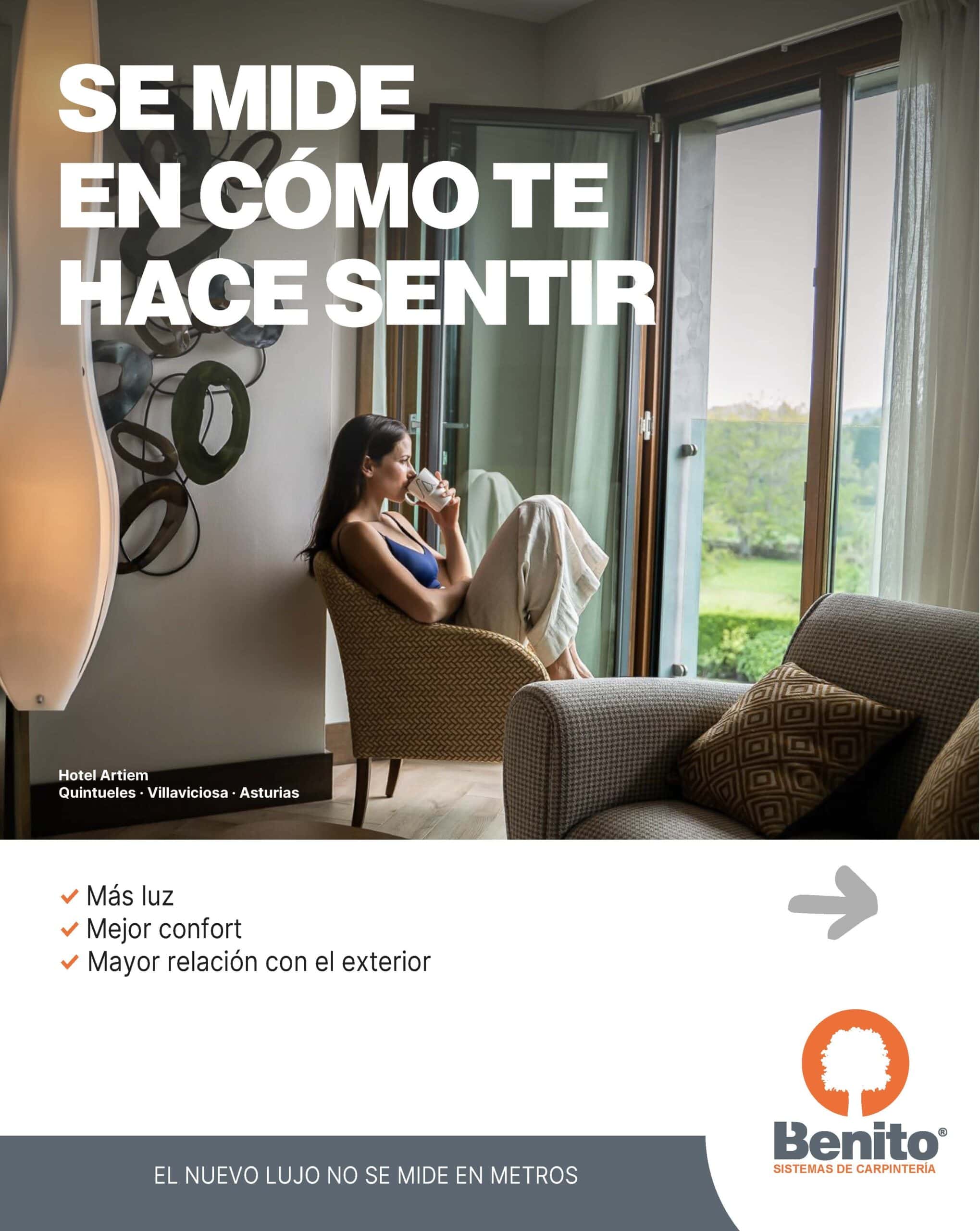 Publicación para redes sociales de Benito Sistemas sobre luz y confort mediante carpintería exterior en el Hotel Artiem de Villaviciosa
