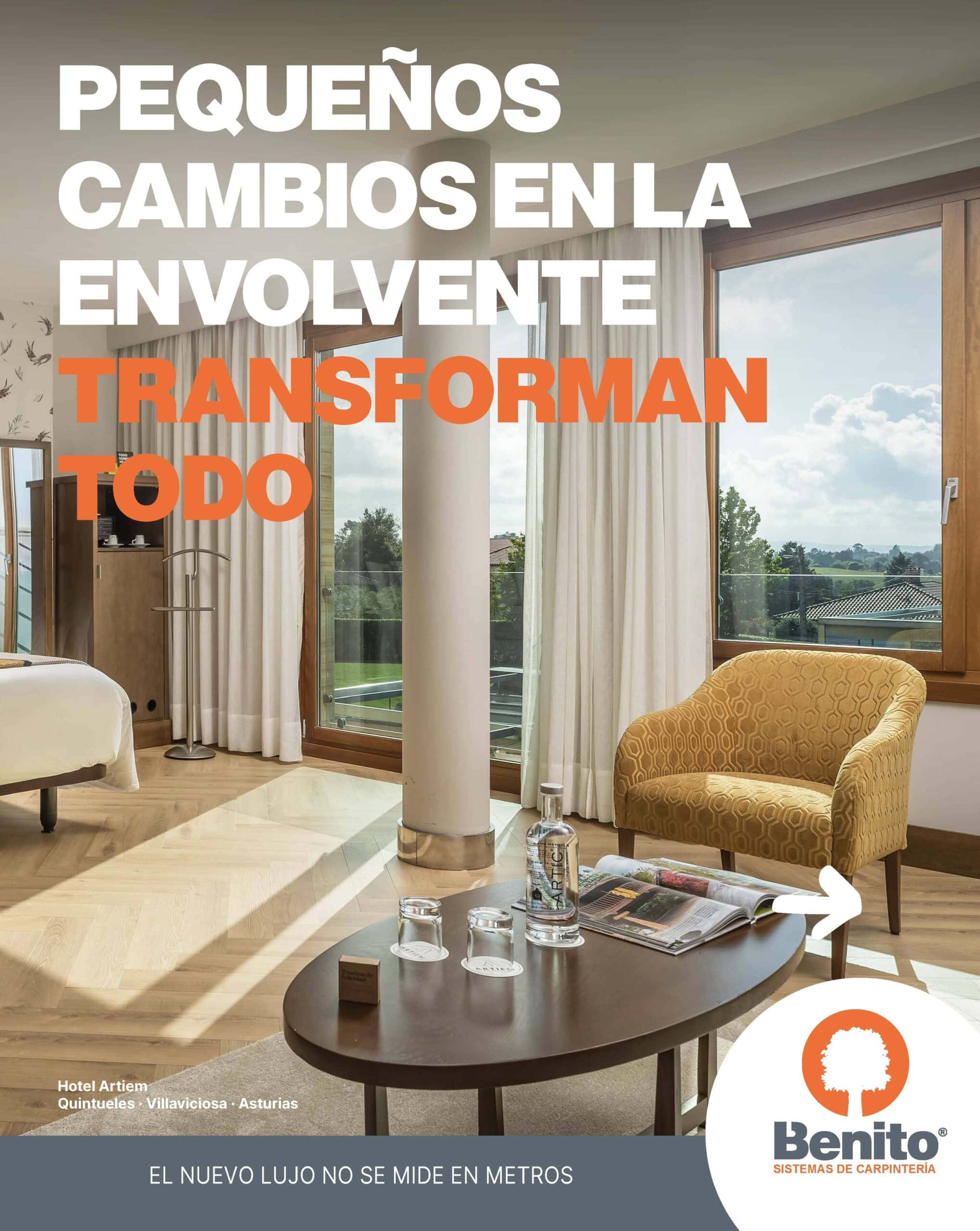 Publicación para redes sociales de Benito Sistemas sobre carpintería exterior en el Hotel Artiem de Villaviciosa